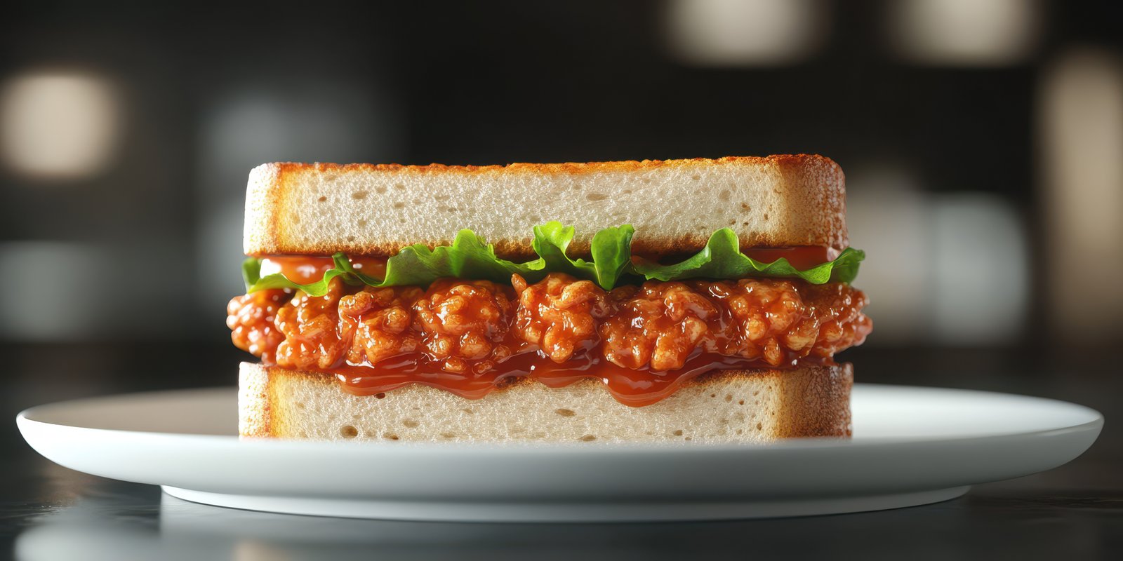 Delicious sandwich with crispy filling and fresh lettuce served on a clean plate in a modern setting